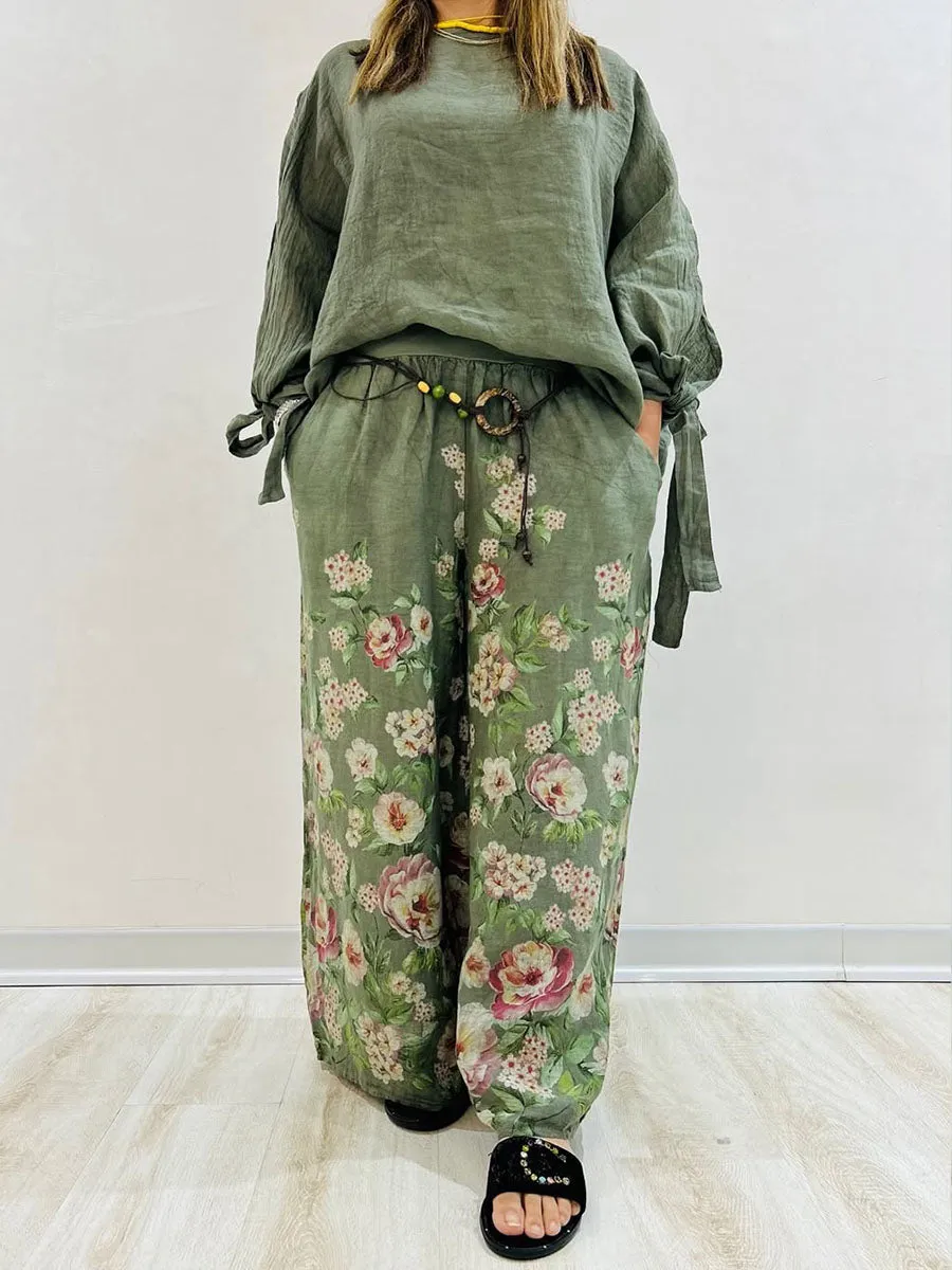 Ladies Solid Color Round Neck Casual Lace-up Long Sleeve Printed Wide Leg Pants Linen Two-piece Suit
