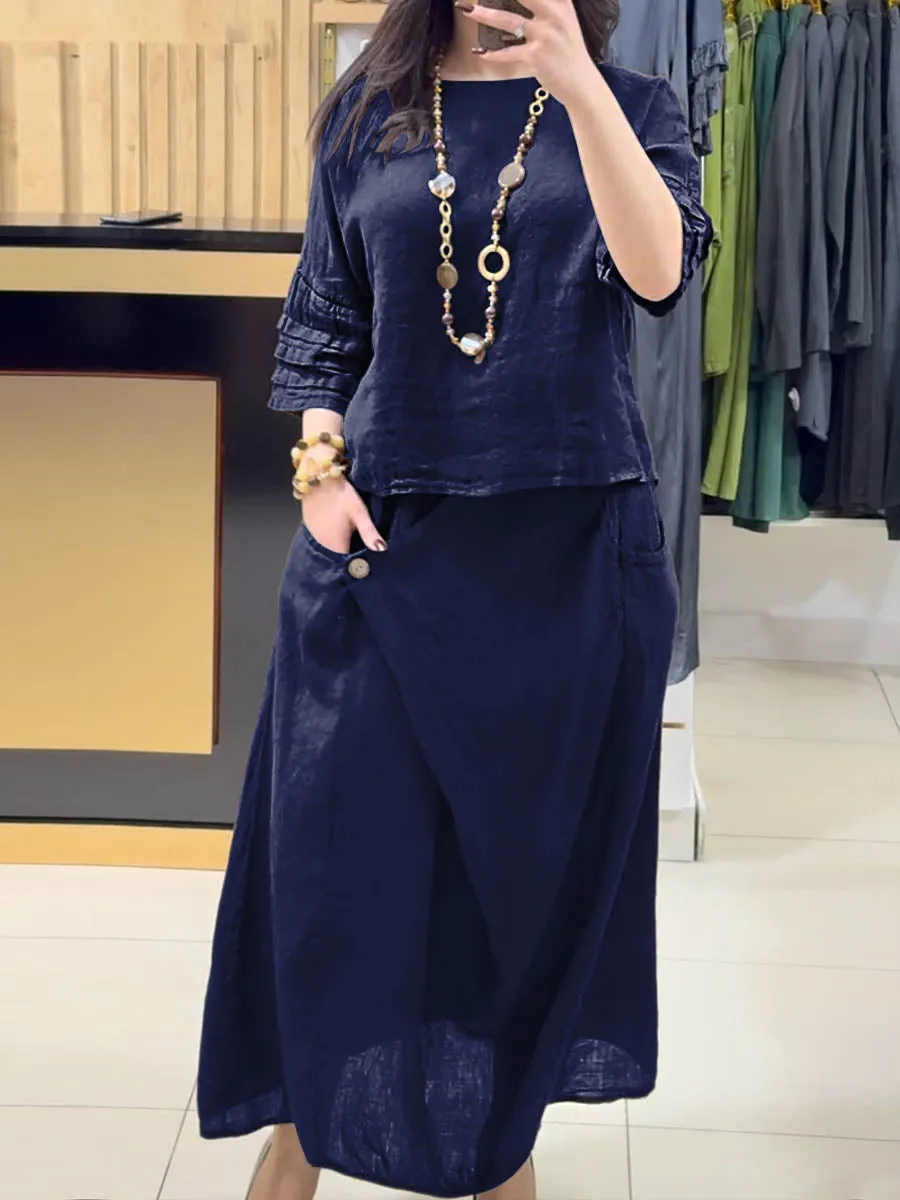 Ladies Solid Color Round Neck Casual Skirt Linen Two-piece Suit
