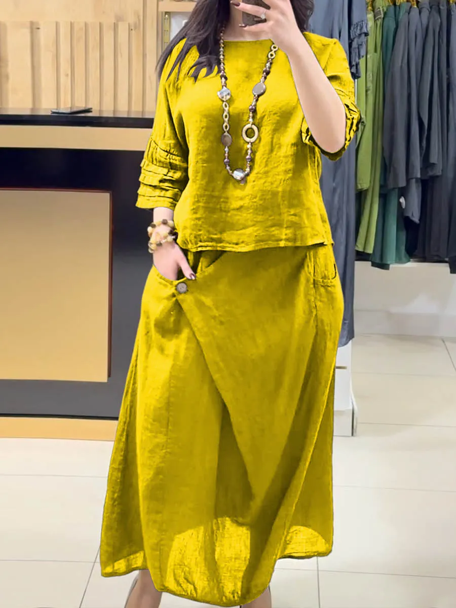 Ladies Solid Color Round Neck Casual Skirt Linen Two-piece Suit