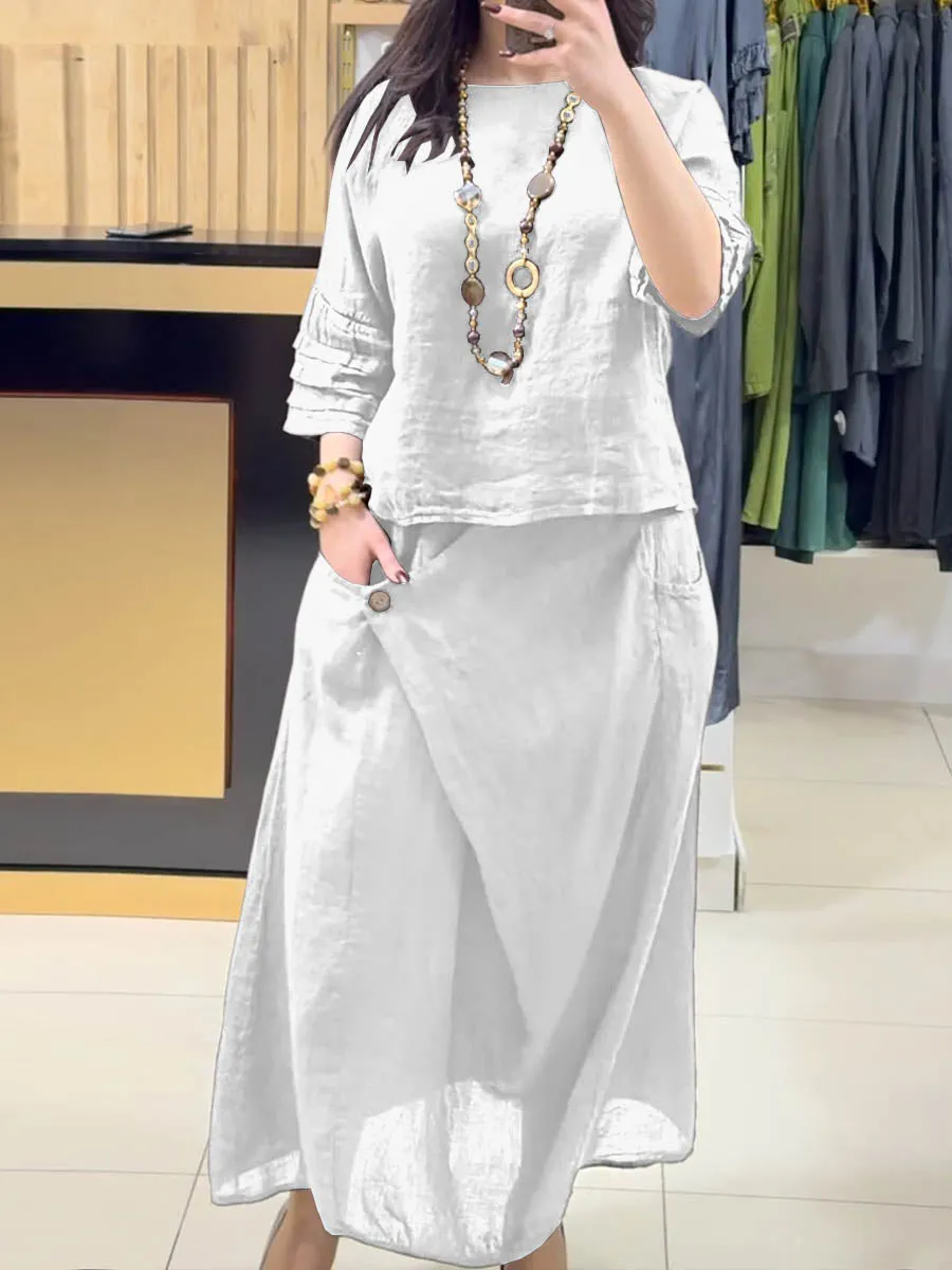 Ladies Solid Color Round Neck Casual Skirt Linen Two-piece Suit