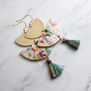 Large Colorful Chunky Earrings - gold brass half circle earrings, semicircle earrings, rainbow earrings, 3.3 inch, watercolor cork leather