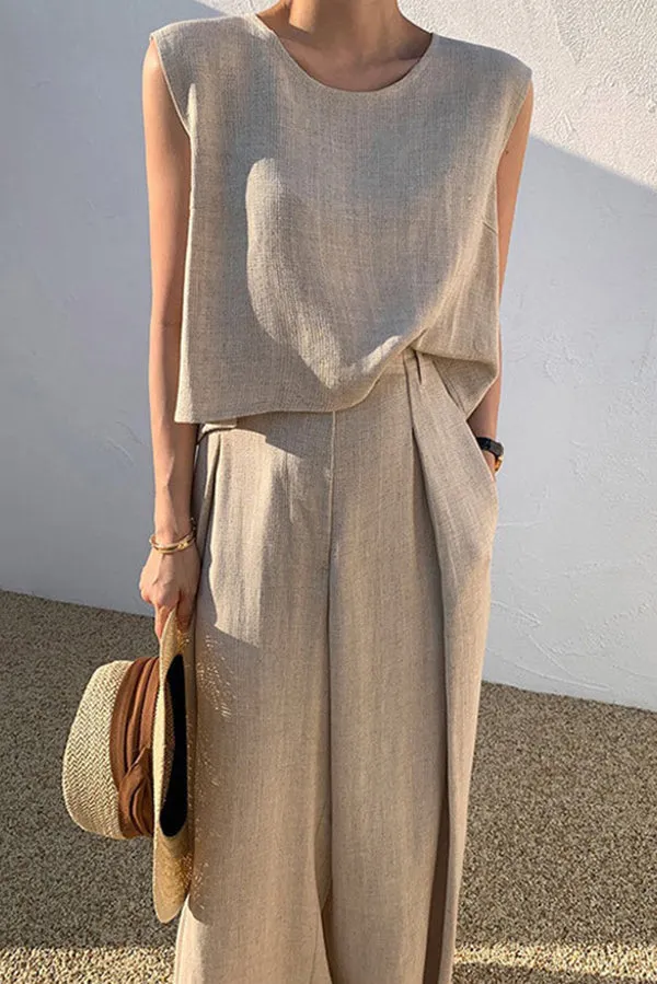 Linen Blend Casual Round Neck Sleeveless Top and Loose Wide-leg Pants Set