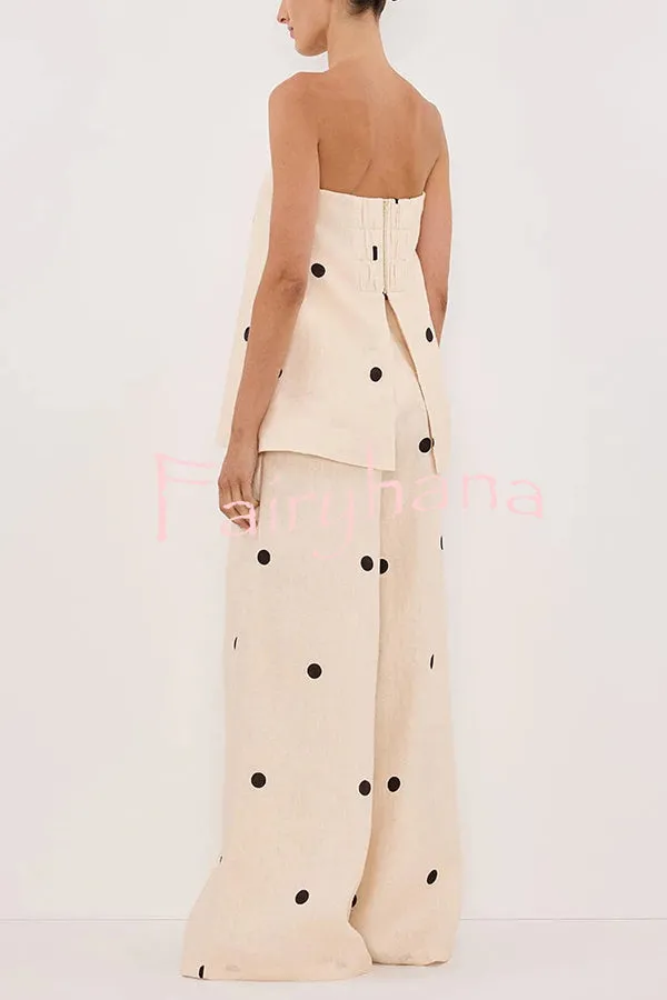 Linen Blend Polka Dot Bandeau Top and Elastic Waist Pocket Wide Leg Pants Set