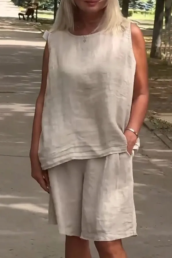 Linen Blend Solid Sleeveless Crewneck Top and Loose Pocket Shorts Set