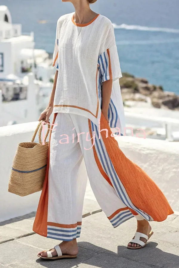 Linen Blend Unique Print Half Sleeve Top and Elastic Waist Pocket Loose Pants Set