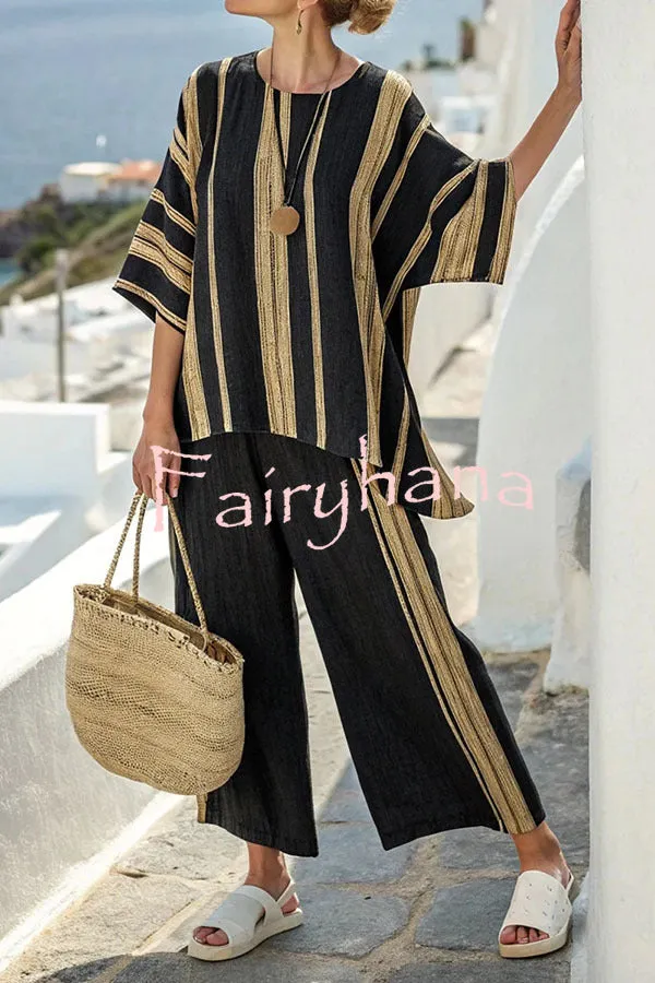 Linen Blend Unique Print Half Sleeve Top and Elastic Waist Pocket Loose Pants Set