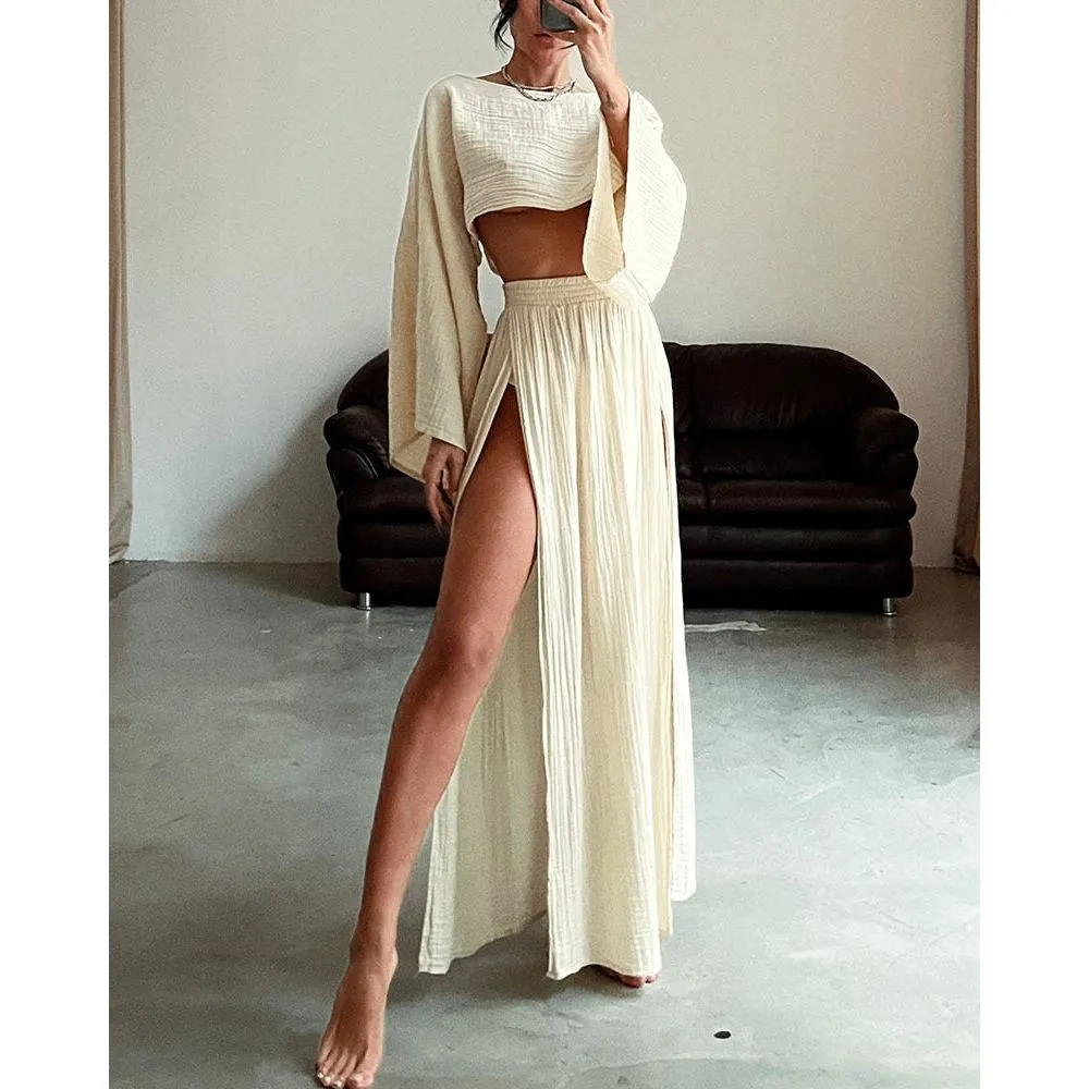 Linen Blended Cropped Top High Waist Slit Two-piece Suit
