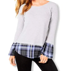 Long Sleeve Gray/Blue Plaid Scoop Neck Size S Women's Sweaters