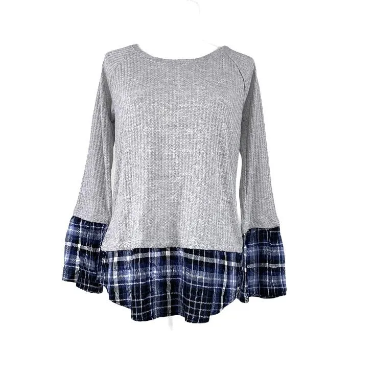 Long Sleeve Gray/Blue Plaid Scoop Neck Size S Women's Sweaters