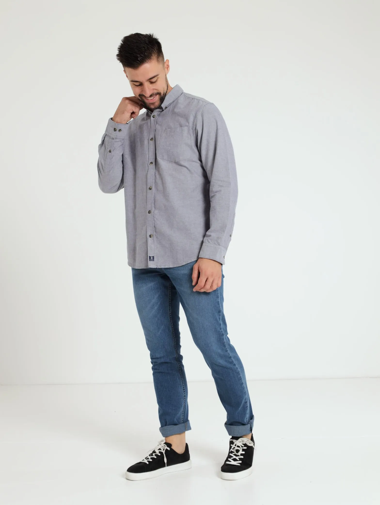 Long Sleeve Plain Oxford Shirt - Dark Blue