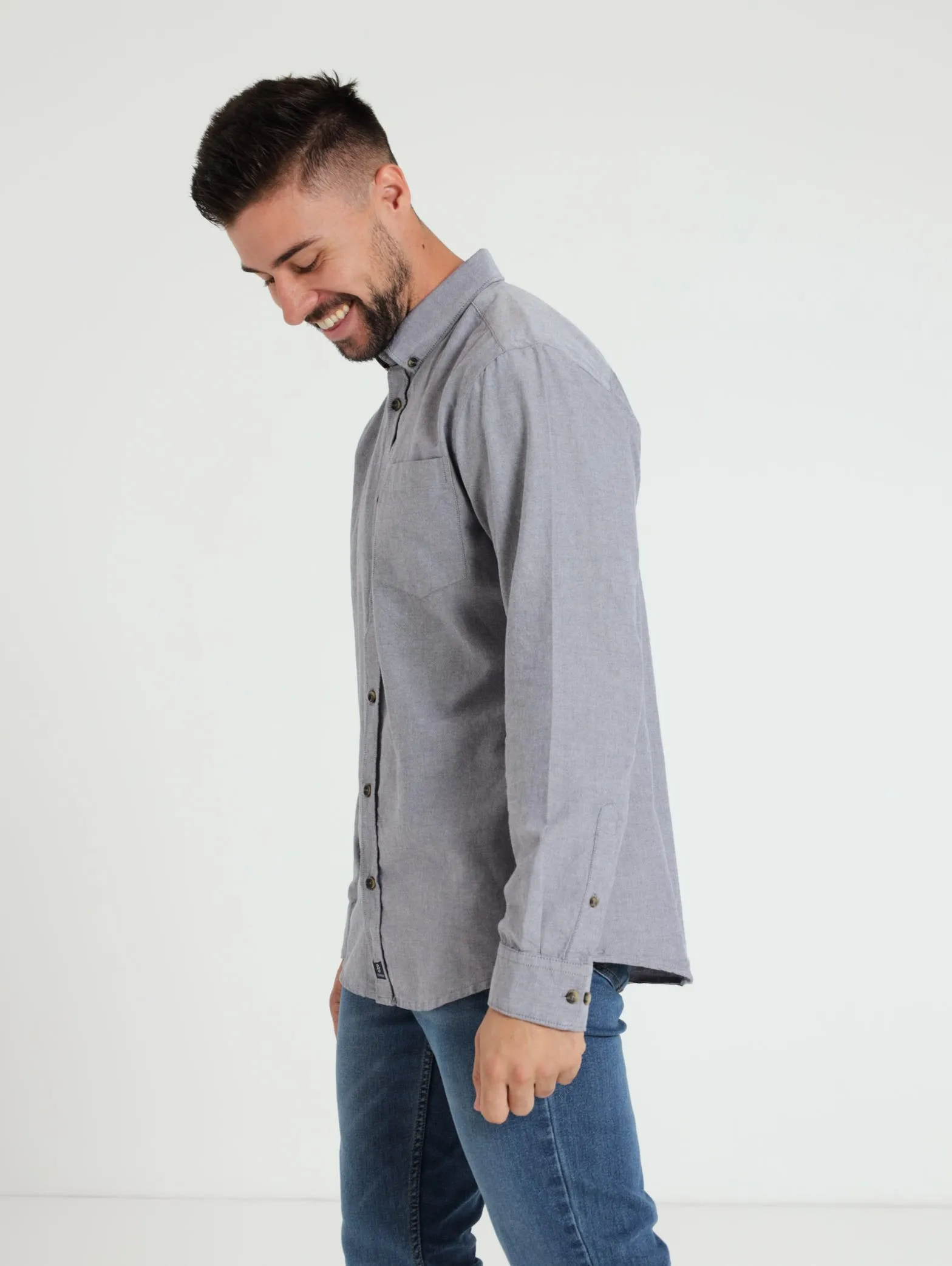 Long Sleeve Plain Oxford Shirt - Dark Blue