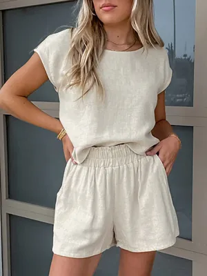 Loose Sleeveless Solid Color Split-Joint Round-Neck Vest Top   Elasticity Shorts Bottom Two Pieces Set
