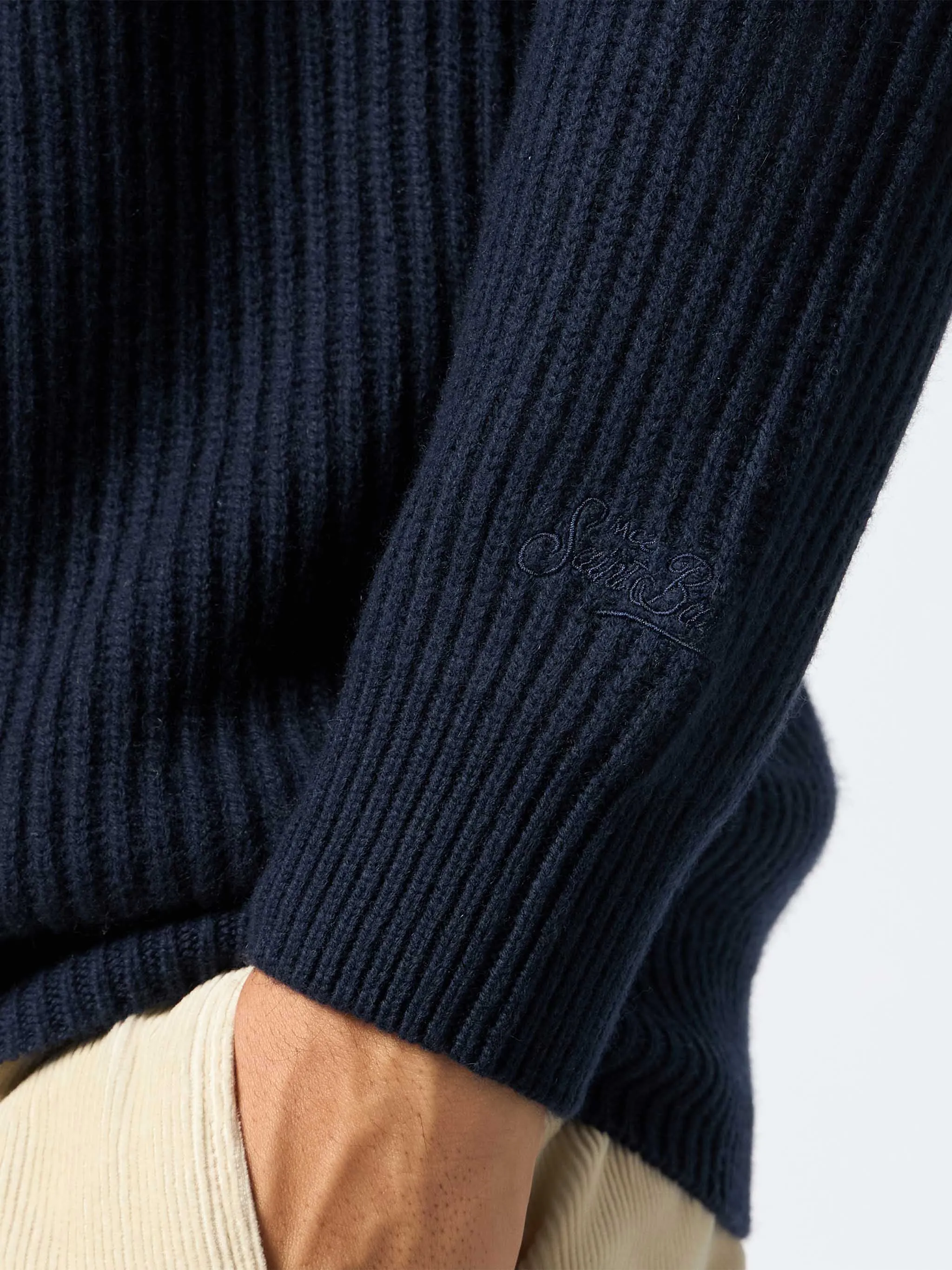 Man navy blue cashmere blend ribbed sweater Marine
