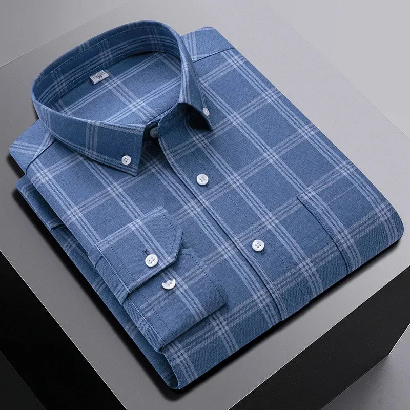 men's 100% cotton long sleeve shirt plus size plaid casual comfort Oxford woven pocket free iron