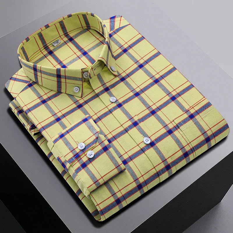 men's 100% cotton long sleeve shirt plus size plaid casual comfort Oxford woven pocket free iron