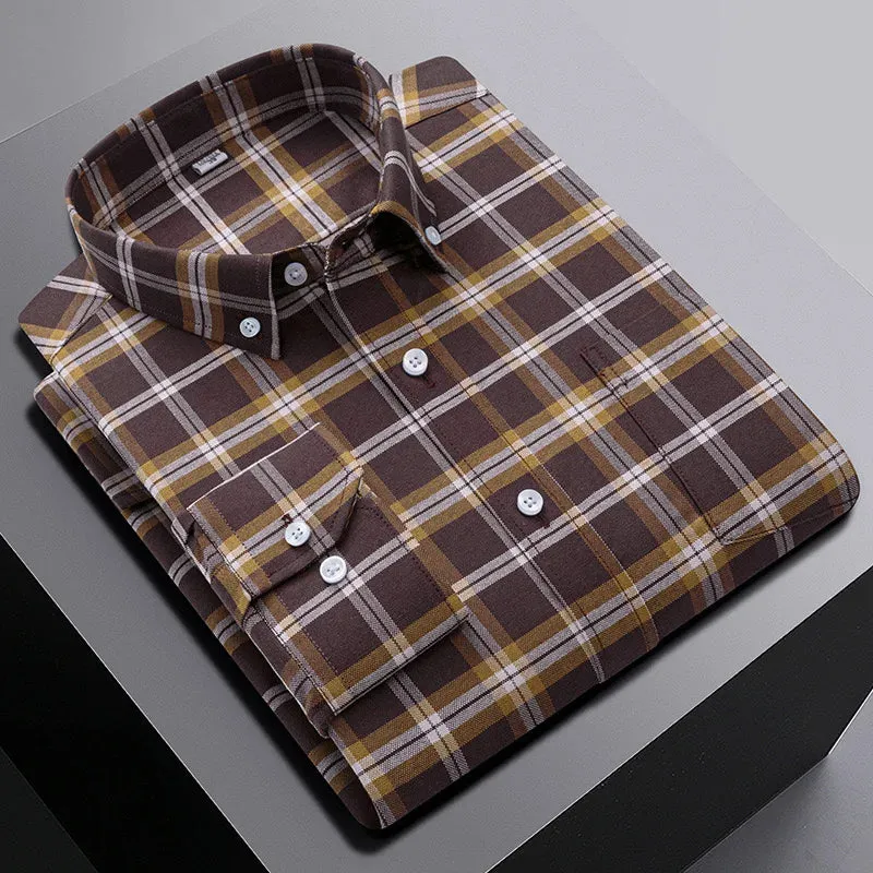 men's 100% cotton long sleeve shirt plus size plaid casual comfort Oxford woven pocket free iron