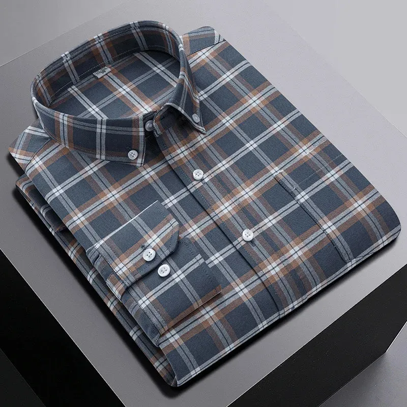 men's 100% cotton long sleeve shirt plus size plaid casual comfort Oxford woven pocket free iron