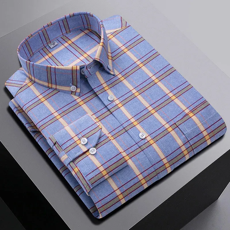 men's 100% cotton long sleeve shirt plus size plaid casual comfort Oxford woven pocket free iron