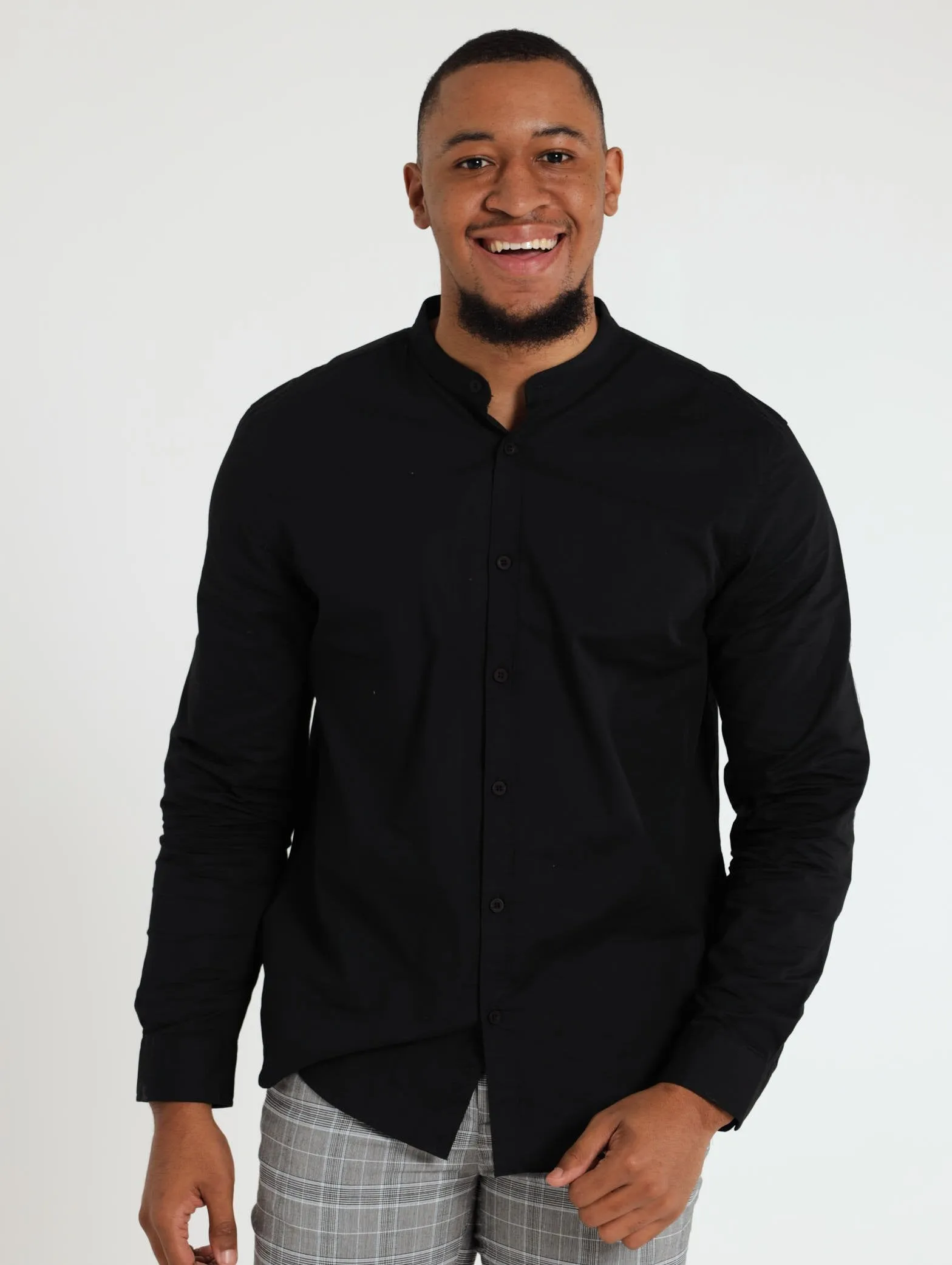 Men's Long Sleeve Plain Oxford Mandarin Shirt - Black