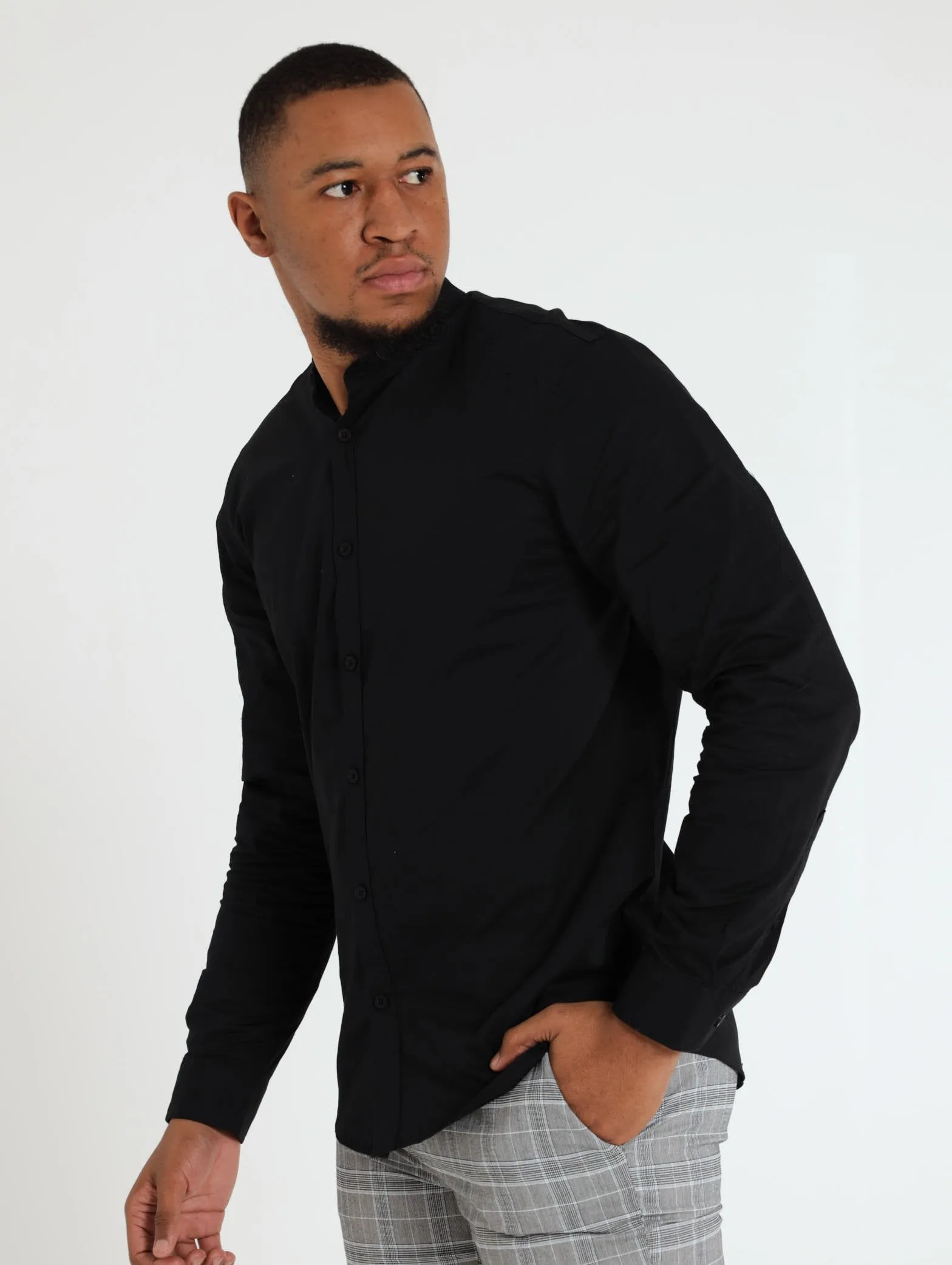 Men's Long Sleeve Plain Oxford Mandarin Shirt - Black