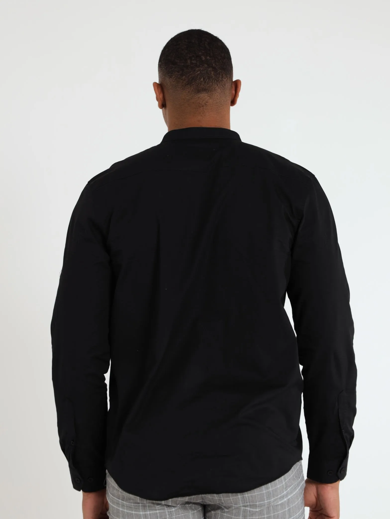 Men's Long Sleeve Plain Oxford Mandarin Shirt - Black