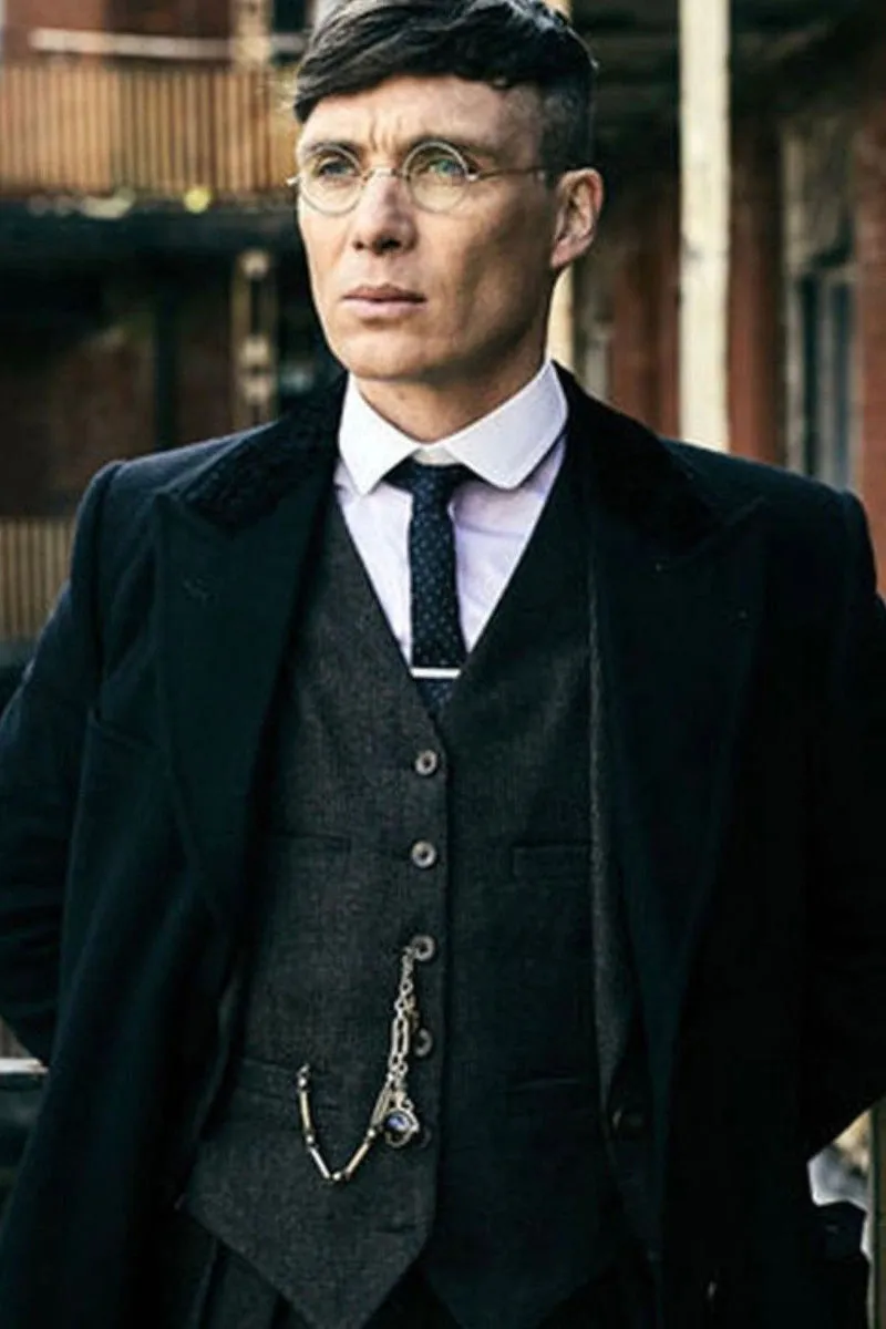 Mens Peaky Blinders Costume Thomas Shelby Black Vested Suit & Black Overcoat