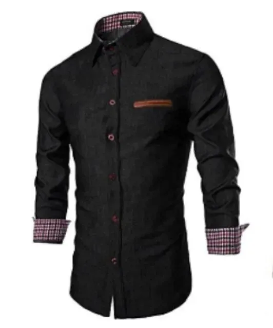 Men's Slim Fit Long Sleeve Shirt with Leather Pocket Panel