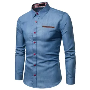 Men's Slim Fit Long Sleeve Shirt with Leather Pocket Panel