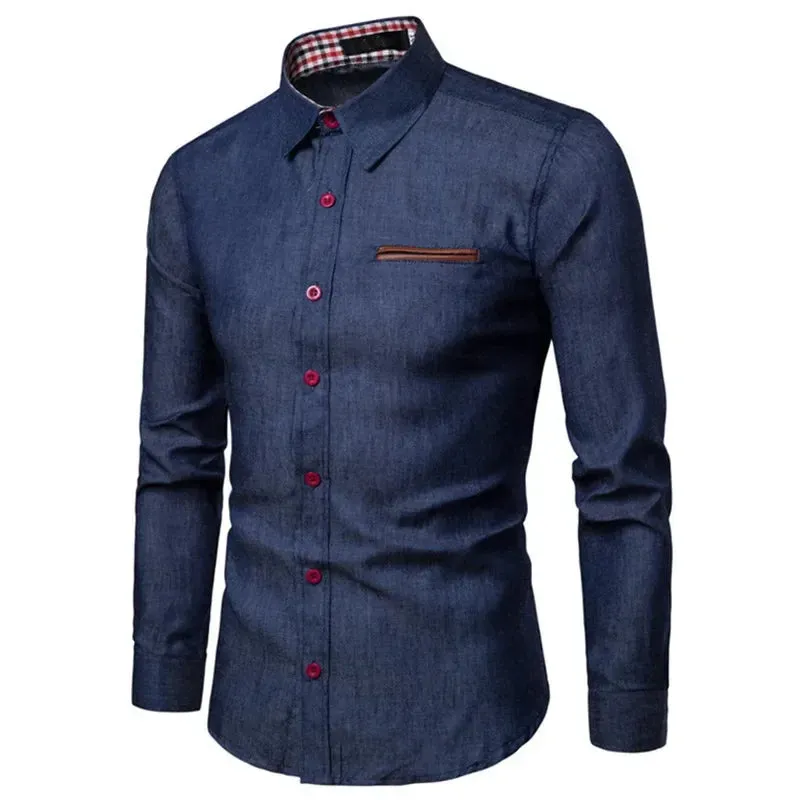 Men's Slim Fit Long Sleeve Shirt with Leather Pocket Panel