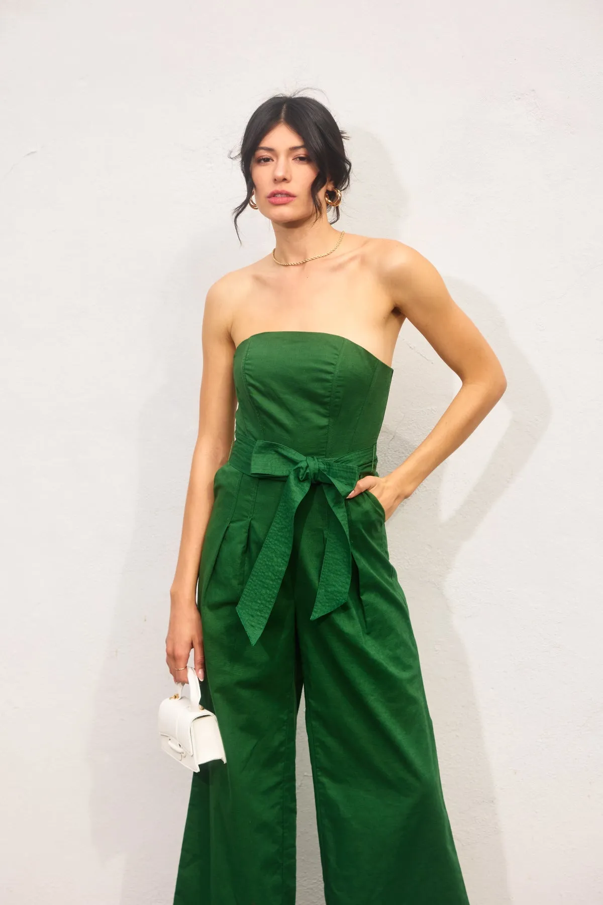 Mindy Strapless Sash Belt Wide Leg Jumpsuit