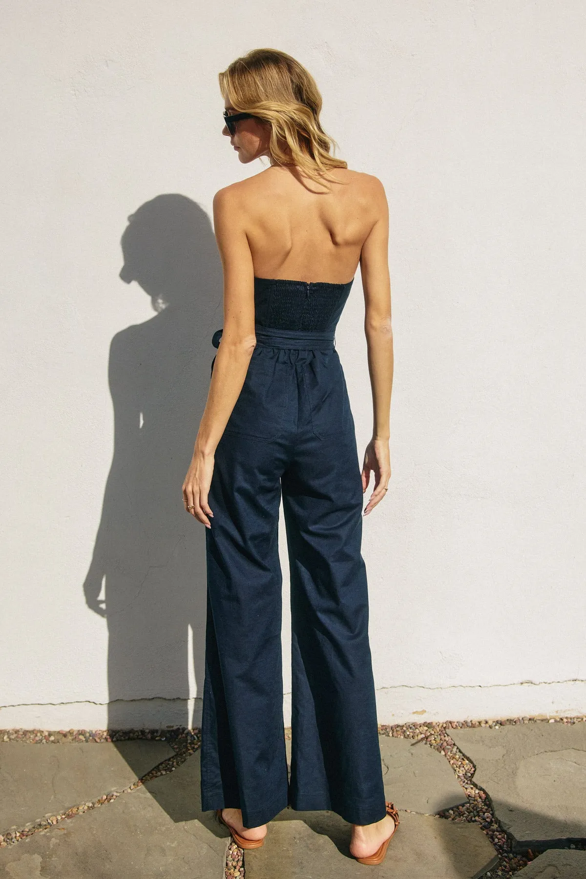 Mindy Strapless Sash Belt Wide Leg Jumpsuit