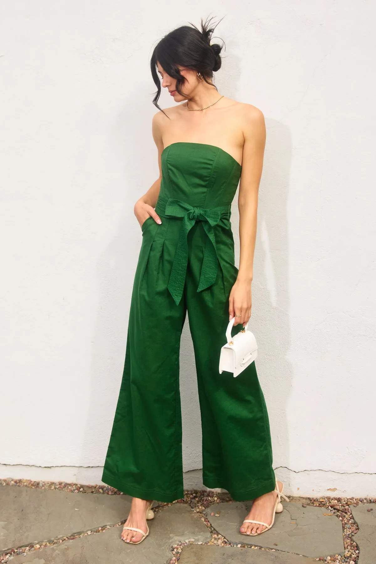 Mindy Strapless Sash Belt Wide Leg Jumpsuit