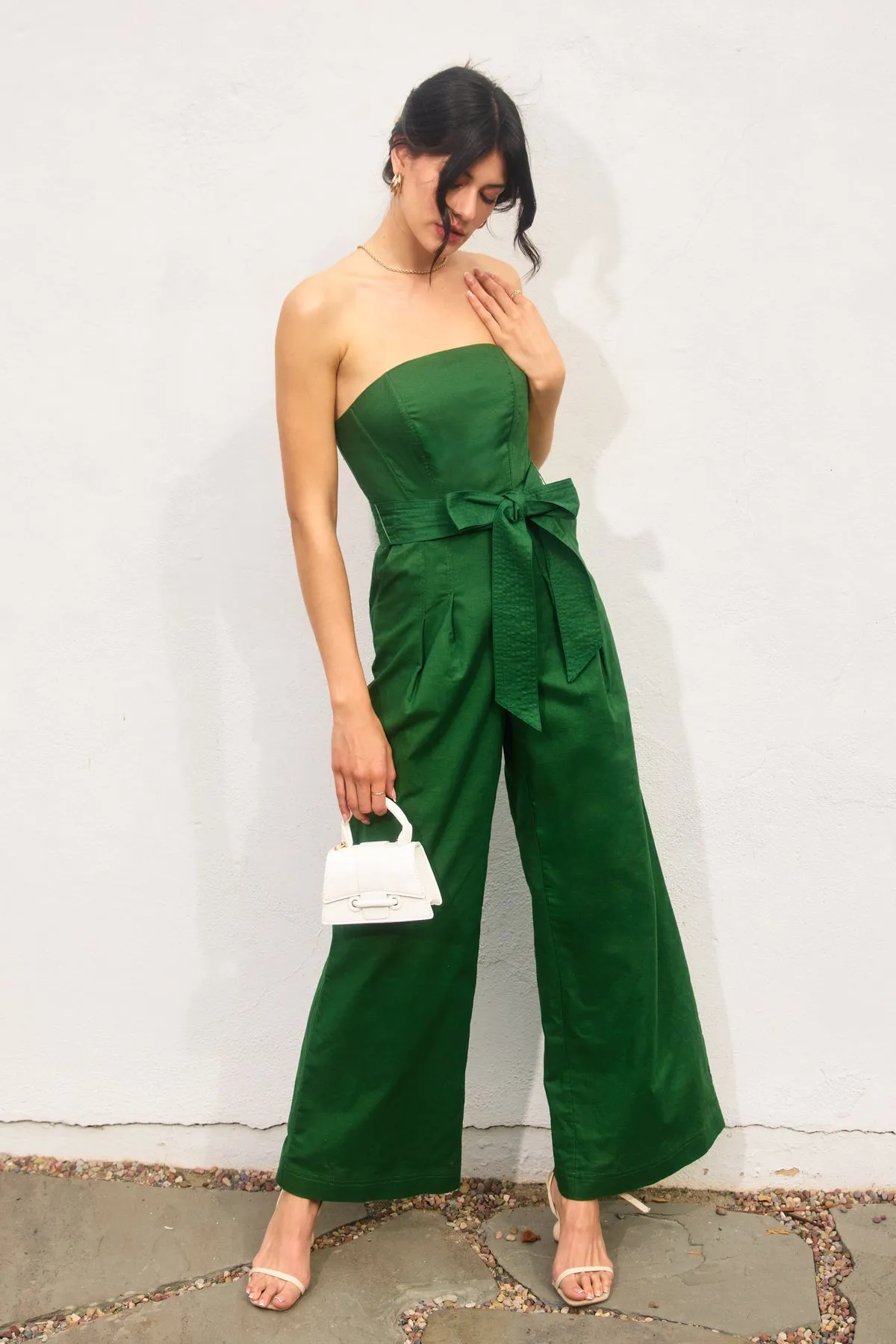 Mindy Strapless Sash Belt Wide Leg Jumpsuit