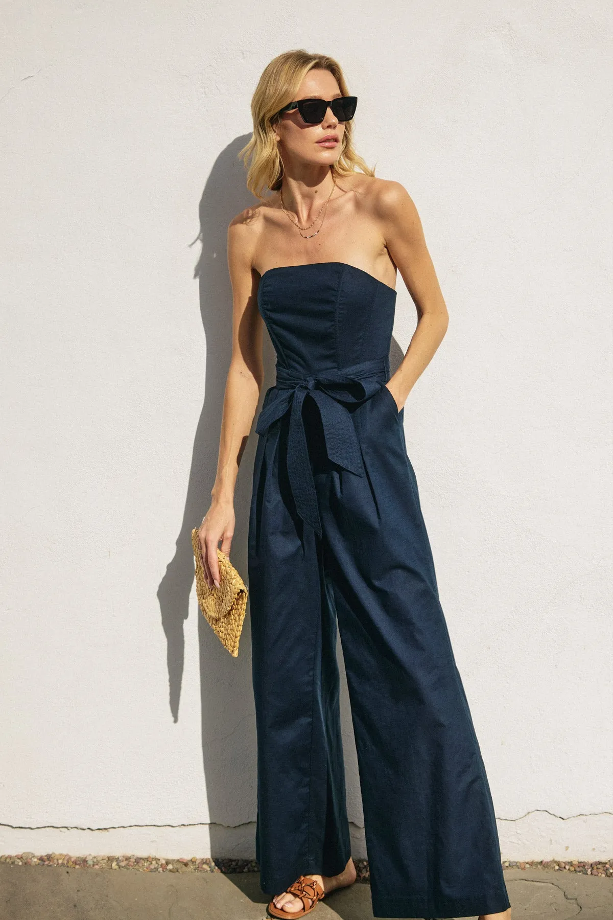 Mindy Strapless Sash Belt Wide Leg Jumpsuit