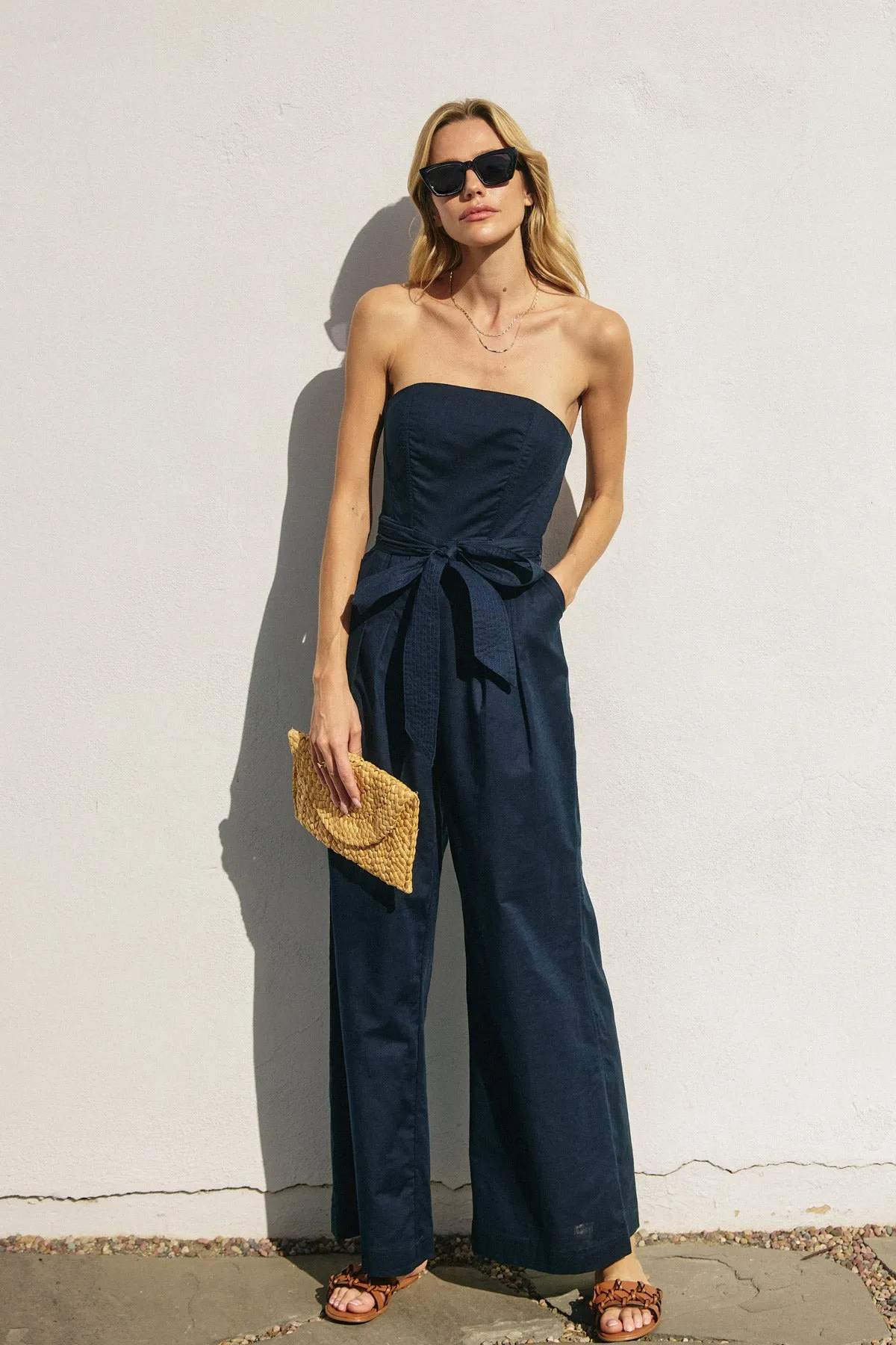 Mindy Strapless Sash Belt Wide Leg Jumpsuit