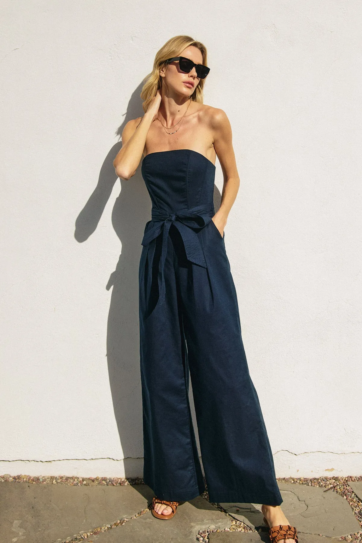 Mindy Strapless Sash Belt Wide Leg Jumpsuit