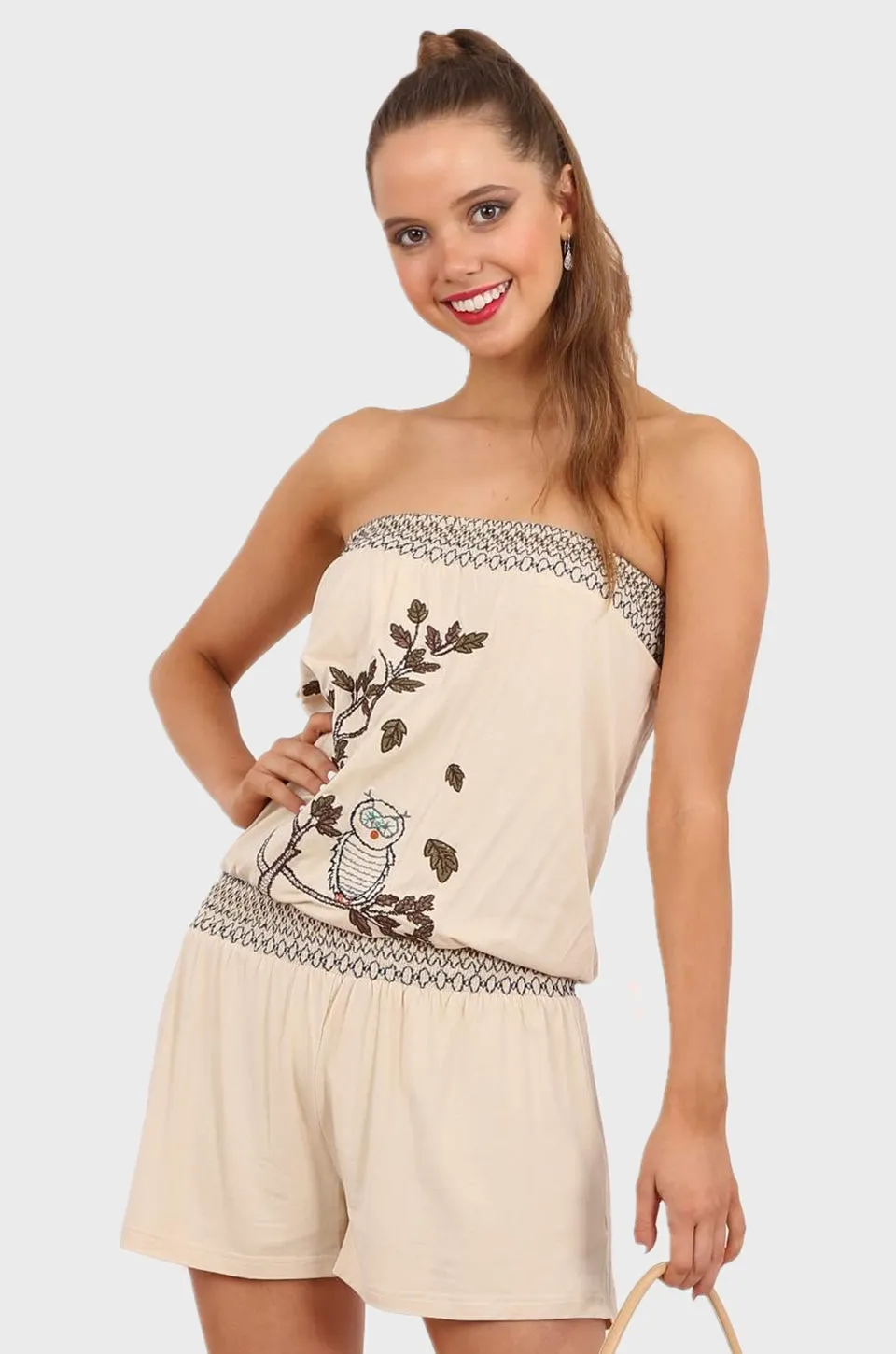 MISS PINKI Josie embroidery boobtube Playsuit Jumpsuit in beige