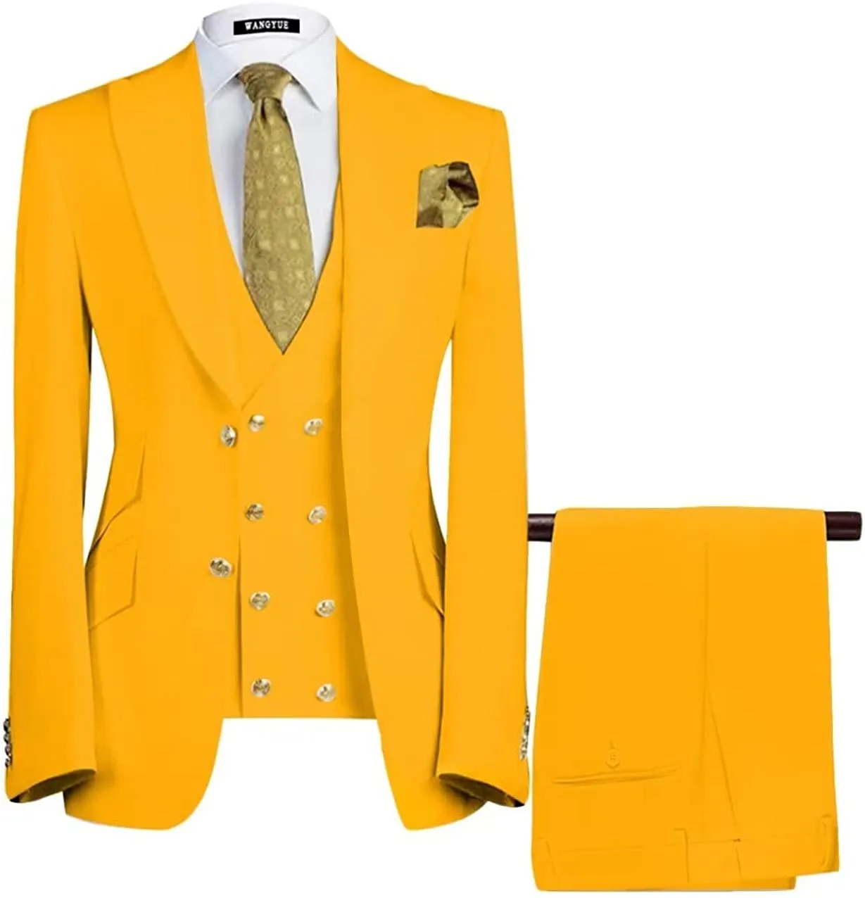 Modern Yellow 3 Piece Peaked Lapel Men's Prom Suit