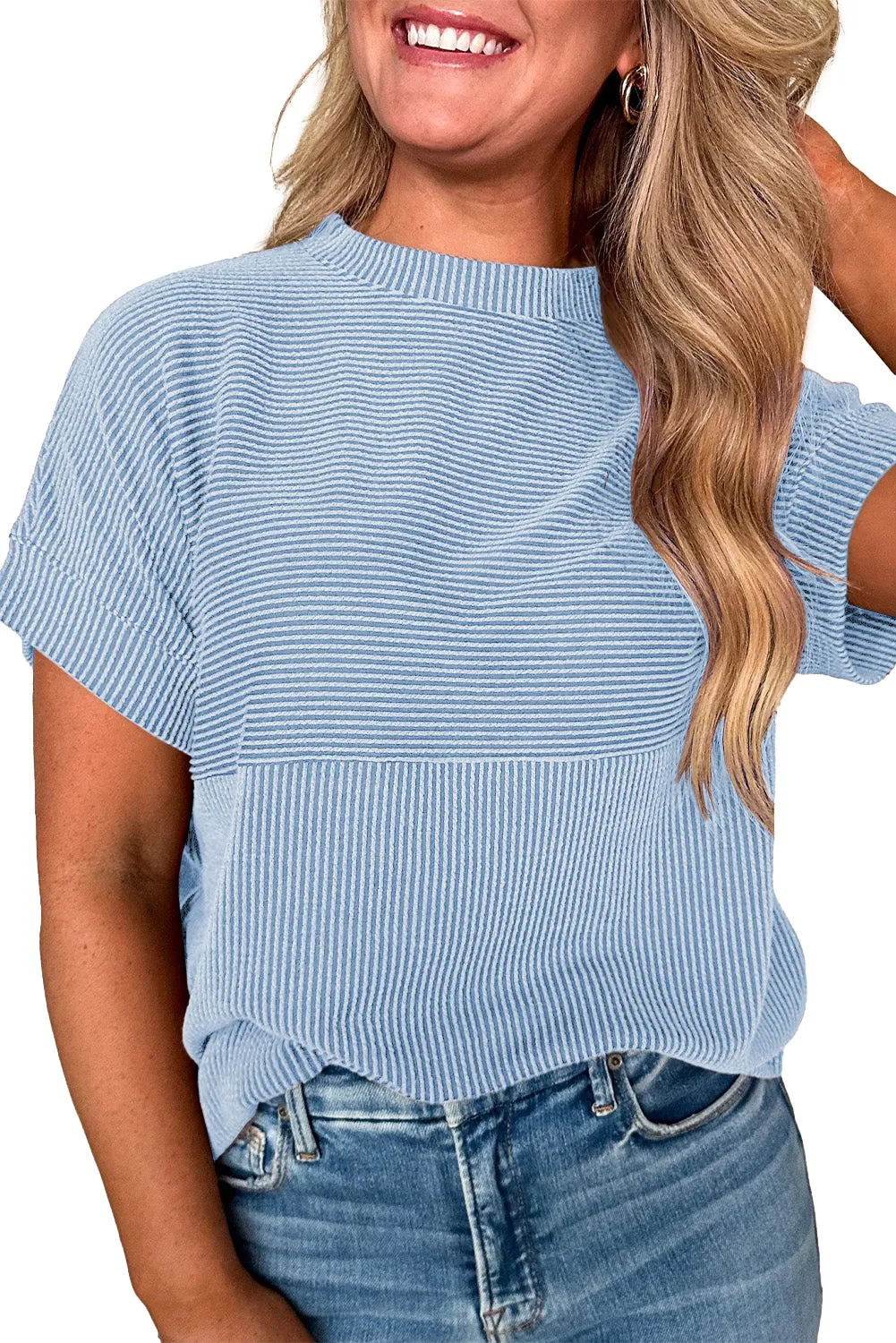 Myosotis Plain Corded Knit Mock Neck T Shirt