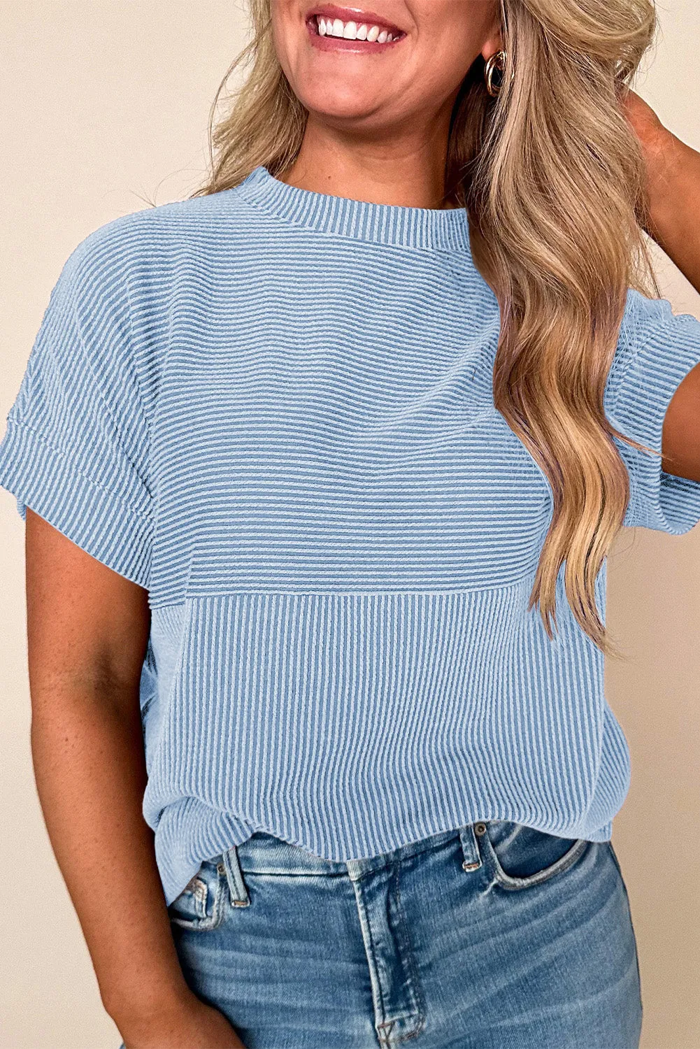 Myosotis Plain Corded Knit Mock Neck T Shirt