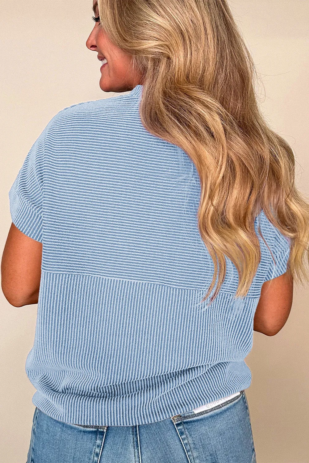 Myosotis Plain Corded Knit Mock Neck T Shirt