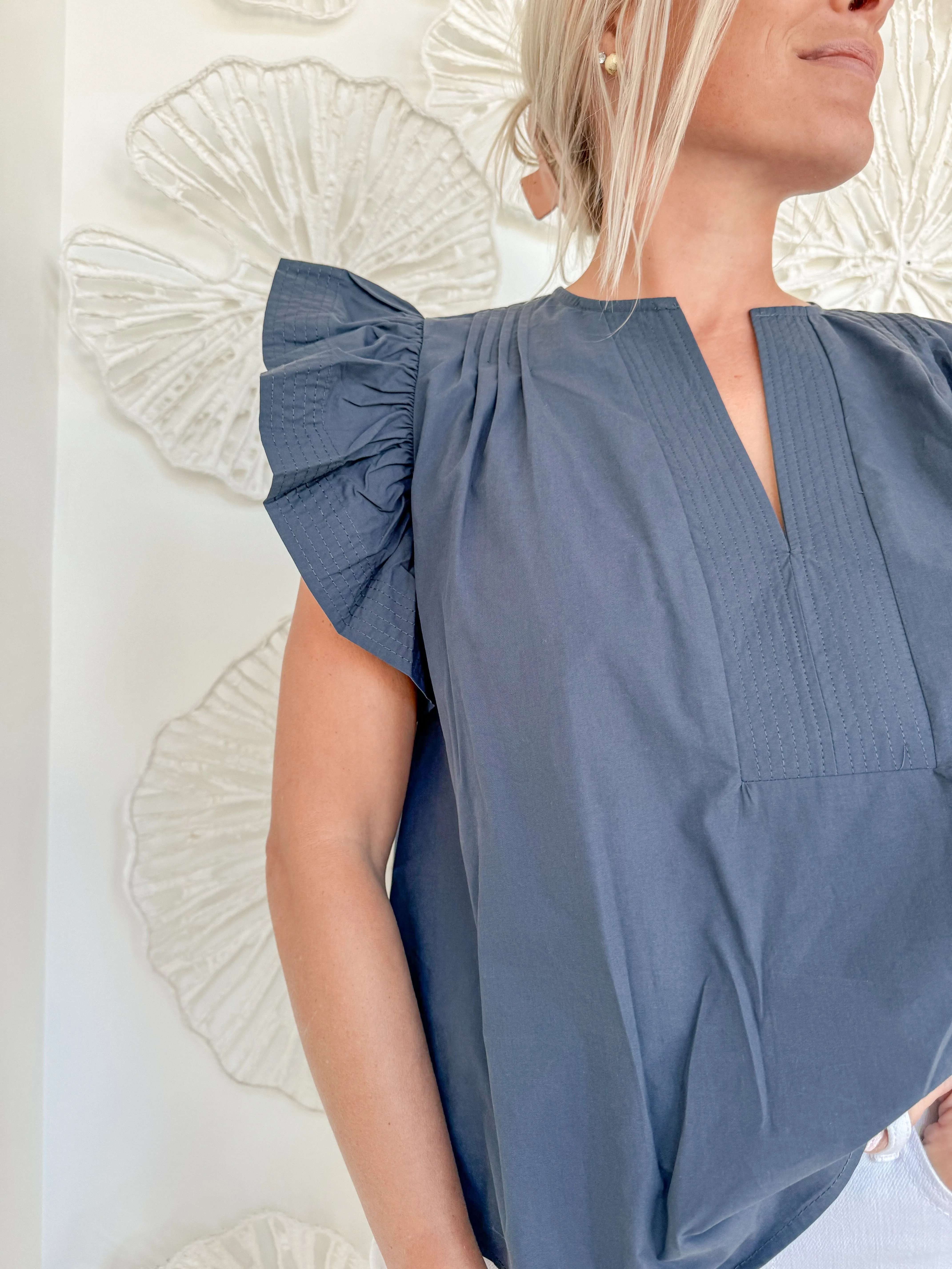 Navy Flutter Sleeve Blouse
