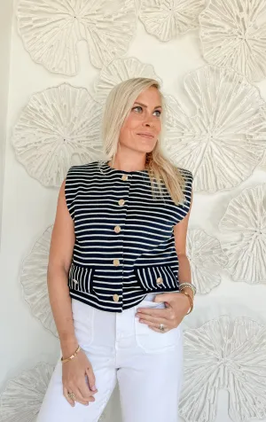 Navy Striped Button Blouse