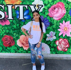 Neon Orange Glitter Wavy | White Tee