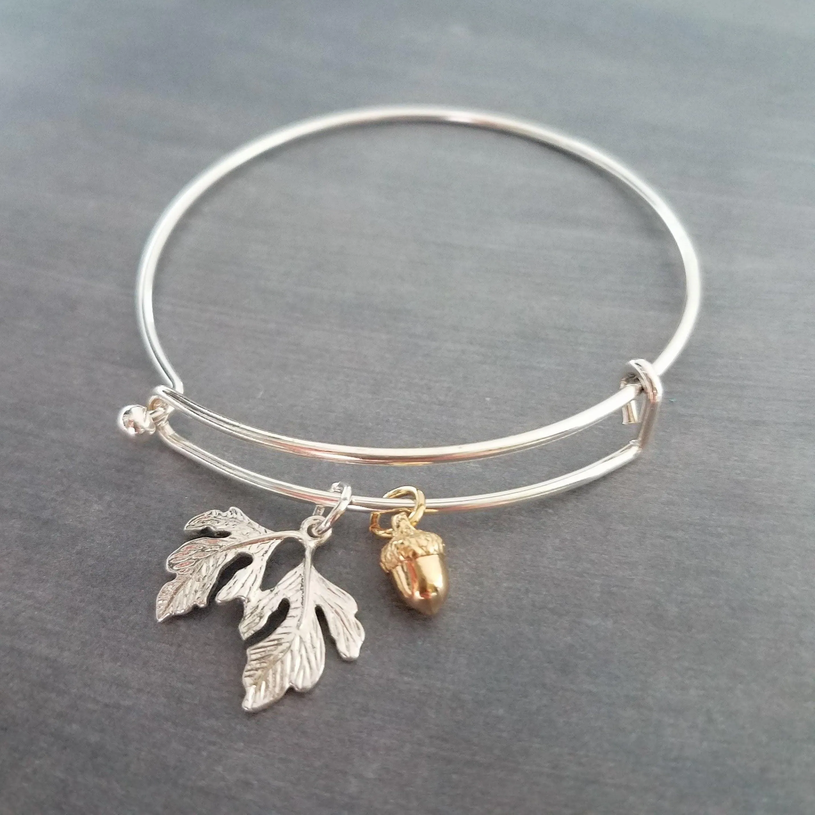 Oak Tree Bracelet, silver leaves charm, small gold acorn, acorn bracelet, leaves bangle, autumn bracelet, fall birthday gift, tree woods