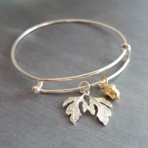 Oak Tree Bracelet, silver leaves charm, small gold acorn, acorn bracelet, leaves bangle, autumn bracelet, fall birthday gift, tree woods