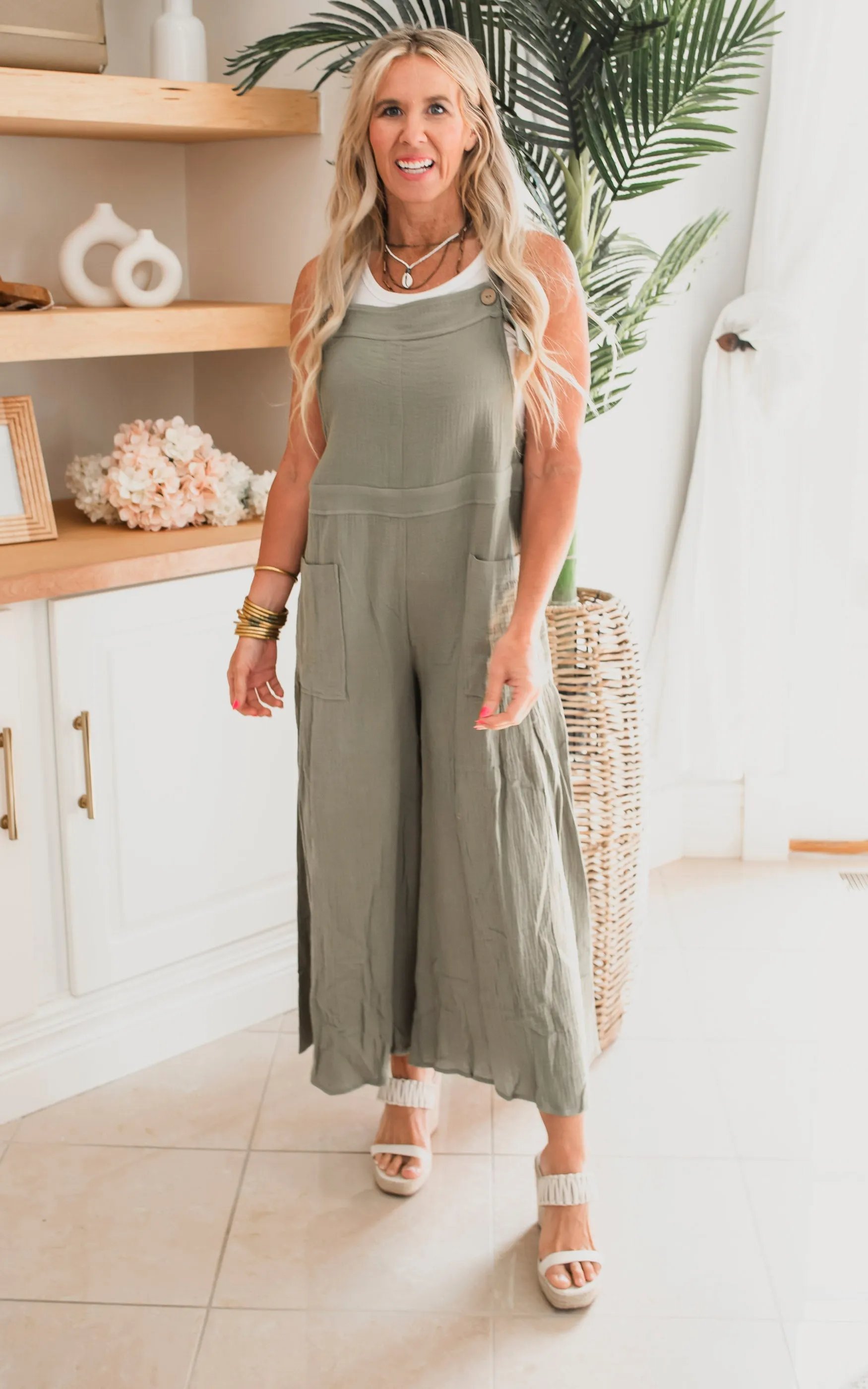 Olive Solid Cotton Gauze Jumpsuit - Final Sale