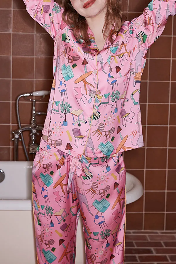 Pink Furniture Print Home Long-sleeved Two-piece Set