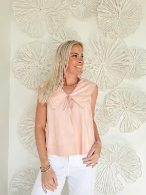 Pink Lace Trim Collared Top