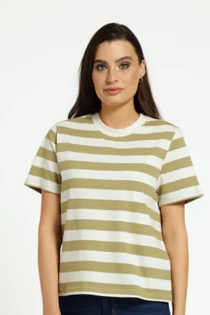 Plain Rib Neck Boxy Bold-Stripe Tee - Fatigue/Stone